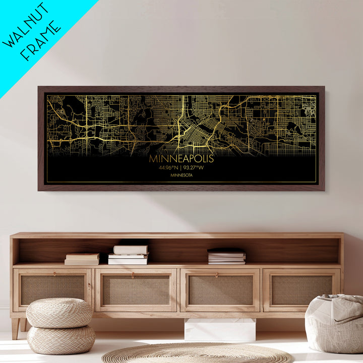 Minneapolis Minnesota City Poster, Panoramic street map, black and gold, Metallic Gold Art, Metal Art, wood framed map, Office Décor