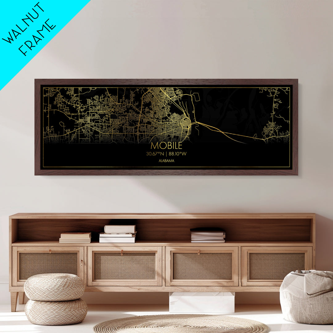 Mobile Alabama City street map, Panoramic art, black and gold, Metallic Gold Print, Metal Art, real wood frames, Housewarming Gift