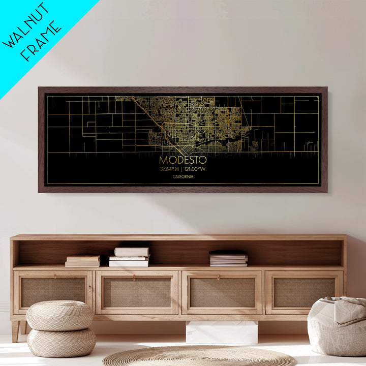 Modesto California City Poster, Panoramic street map, black and gold, Metallic Gold Art, Metal Art, wood framed map, Modern House Art