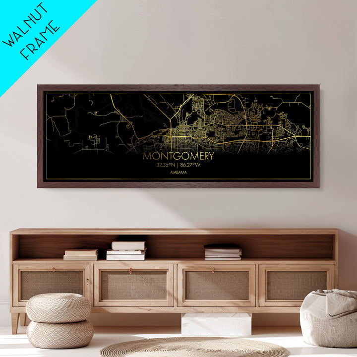 Montgomery Alabama City street map, Panoramic art, black and gold, Metallic Gold Print, Metal Art, real wood frames,  City Map Print Poster