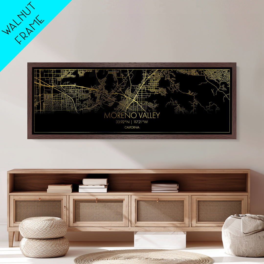 Moreno Valley California City Poster, Panoramic street map, black and gold, Metallic Gold Art, Metal Art, wood framed map, Modern Wall Art