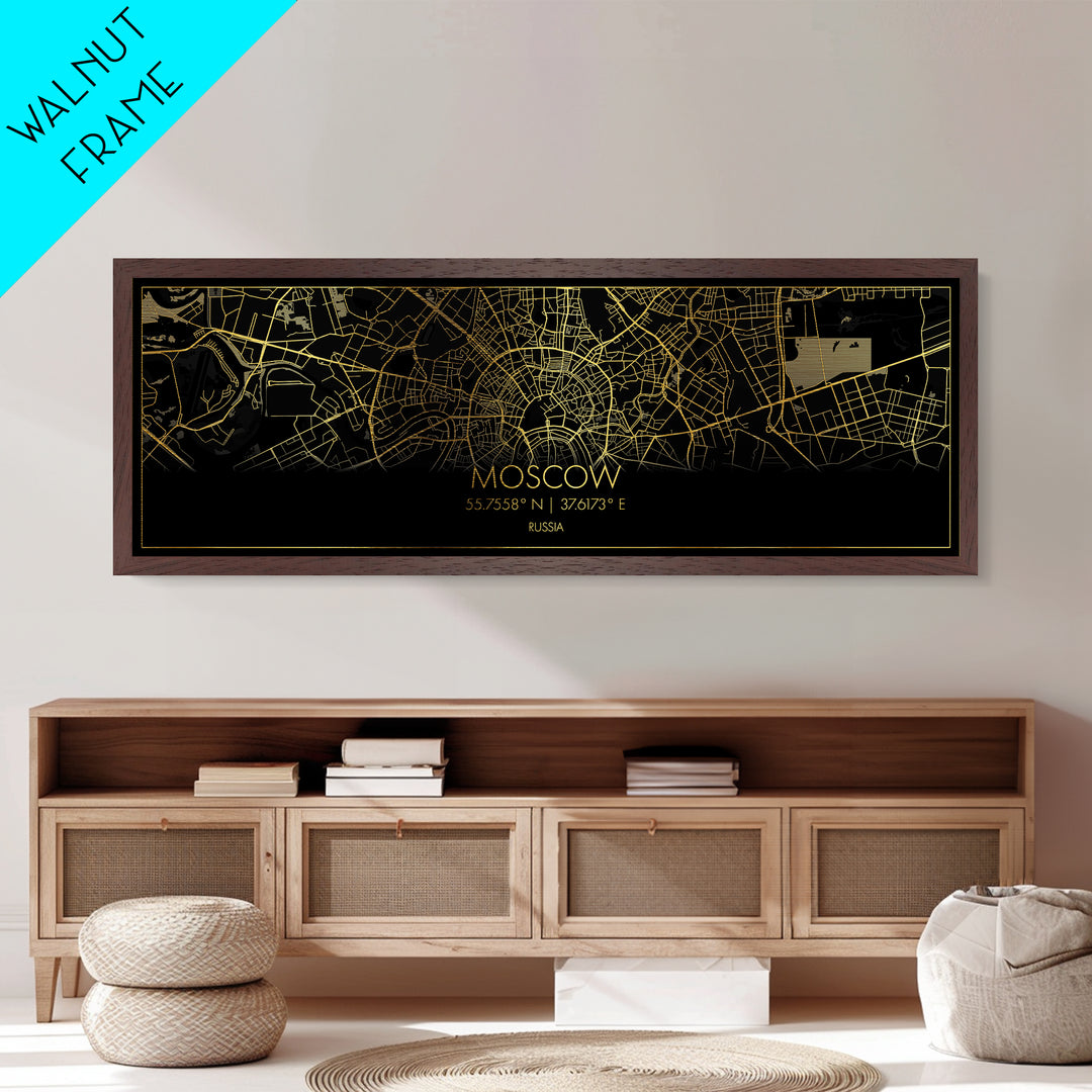 Moscow Russia City street map, Panoramic art, black and gold, Metallic Gold Print, Metal Art, real wood frames, Minimalist Wall Art
