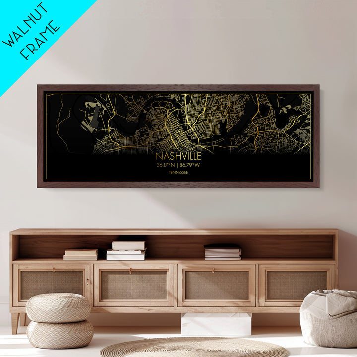 Nashville Tennessee City street map, Panoramic art, black and gold, Metallic Gold Print, Metal Art, real wood frames, Map Print Poster