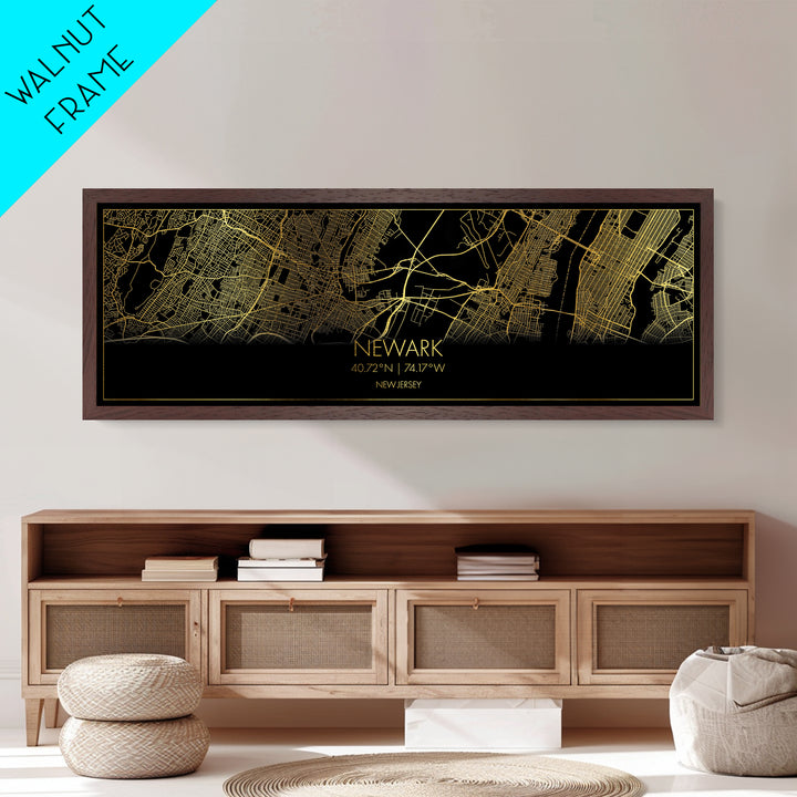 Newark New Jersey City Poster, Panoramic street map, black and gold, Metallic Gold Art, Metal Art, wood framed map, Wall Art, Closing Gift