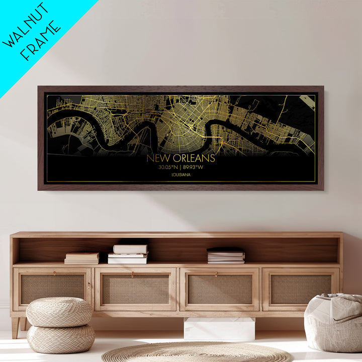 New Orleans Louisiana City street map, Panoramic art, black and gold, Metallic Gold Print, Metal Art, real wood frames, Housewarming Gift