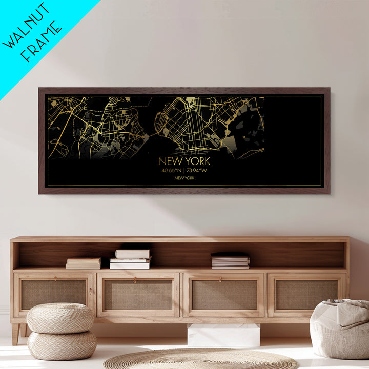 New York New York City street map, Panoramic art, black and gold, Metallic Gold Print, Metal Art, real wood frames, Office Decor, Wall Art