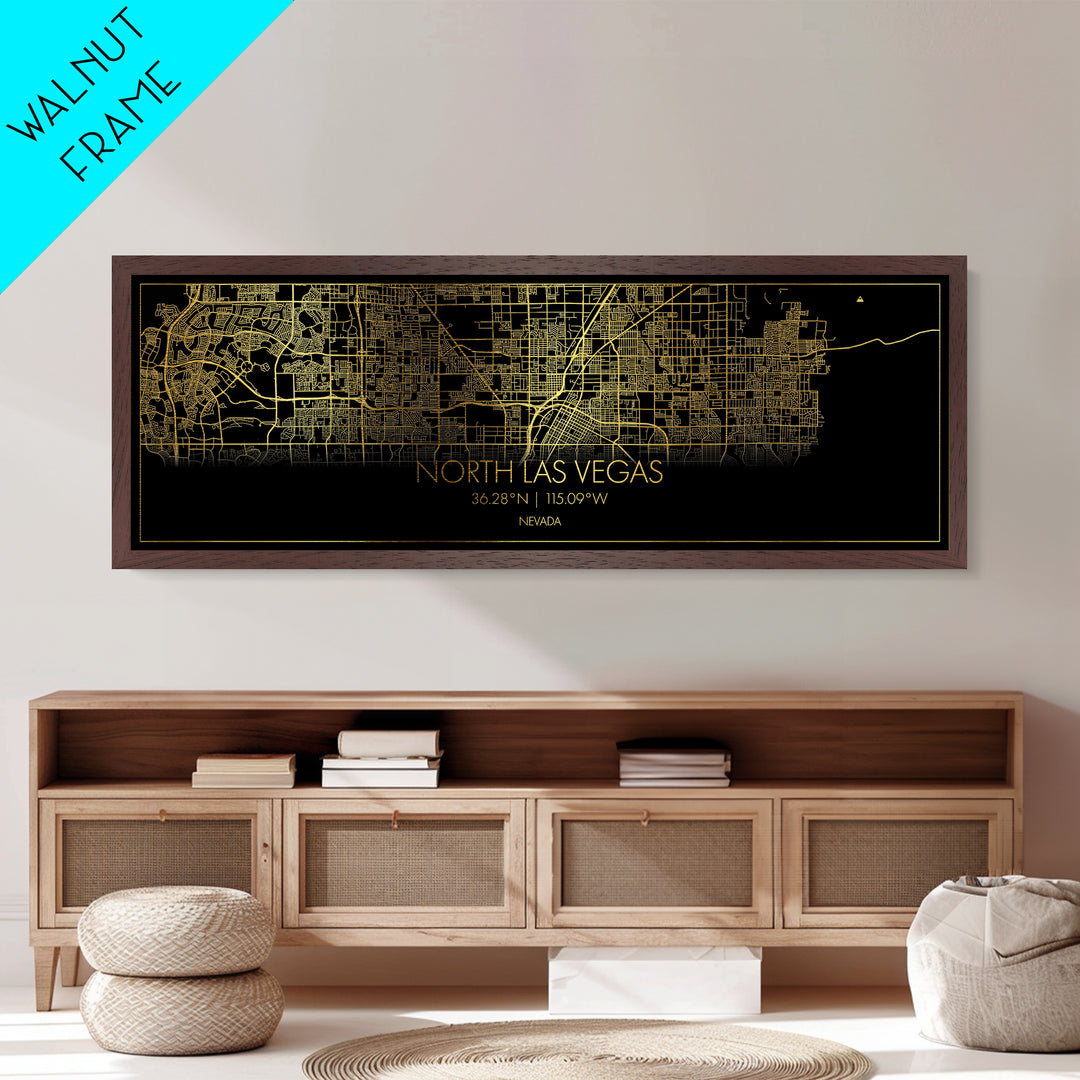 North Las Vegas Nevada City street map, Panoramic art, black and gold, Metallic Gold Print, Metal Art, real wood frames, Best Friend Gifts