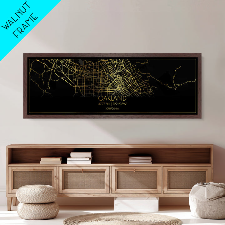 Oakland California City Poster, Panoramic street map, black and gold, Metallic Gold Art, Metal Art, wood framed map, City Road Map Poster
