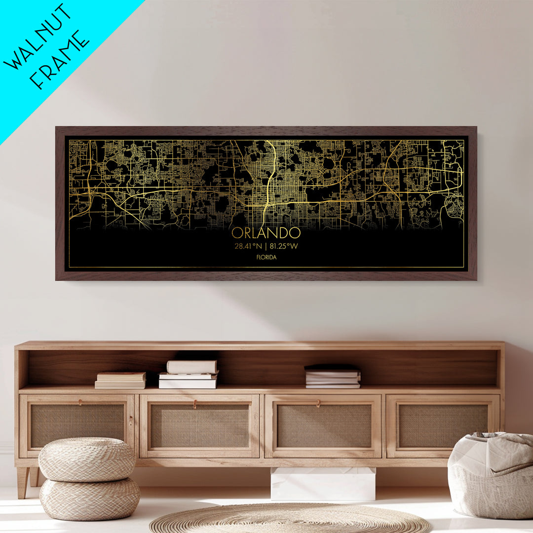 Orlando Florida City street map, Panoramic art, black and gold, Metallic Gold Print, Metal Art, real wood frames, Modern Wall Art