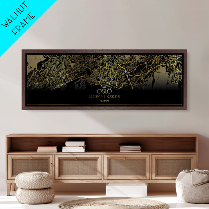 Oslo Norway City Poster, Panoramic street map, black and gold, Metallic Gold Art, Metal Art, wood framed map, City Map Print Poster