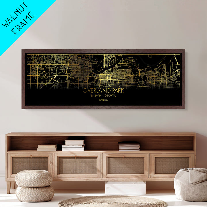 Overland Park Kansas City street map, Panoramic art, black and gold, Metallic Gold Print, Metal Art, real wood frames, Minimalist Wall Art