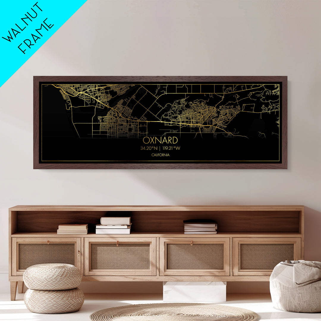 Oxnard California City Poster, Panoramic street map, black and gold, Metallic Gold Art, Metal Art, wood framed map, Housewarming Gift