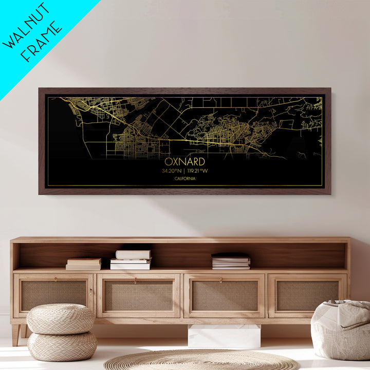 Oxnard California City Poster, Panoramic street map, black and gold, Metallic Gold Art, Metal Art, wood framed map, Housewarming Gift