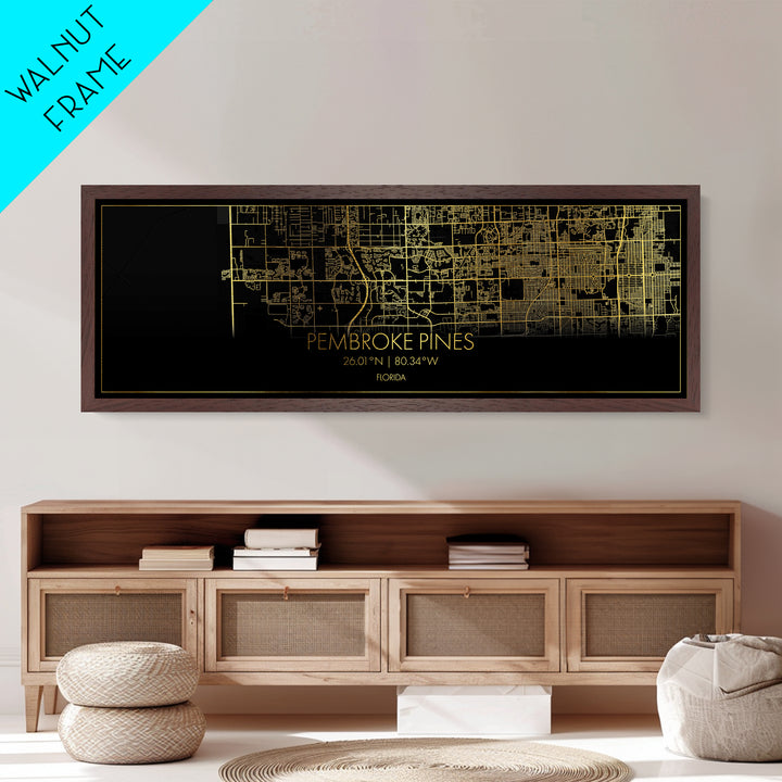 Pembroke Pines Florida City Poster, Panoramic street map, black and gold, Metallic Gold Art, Metal Art, wood framed map, Best Friend Gifts