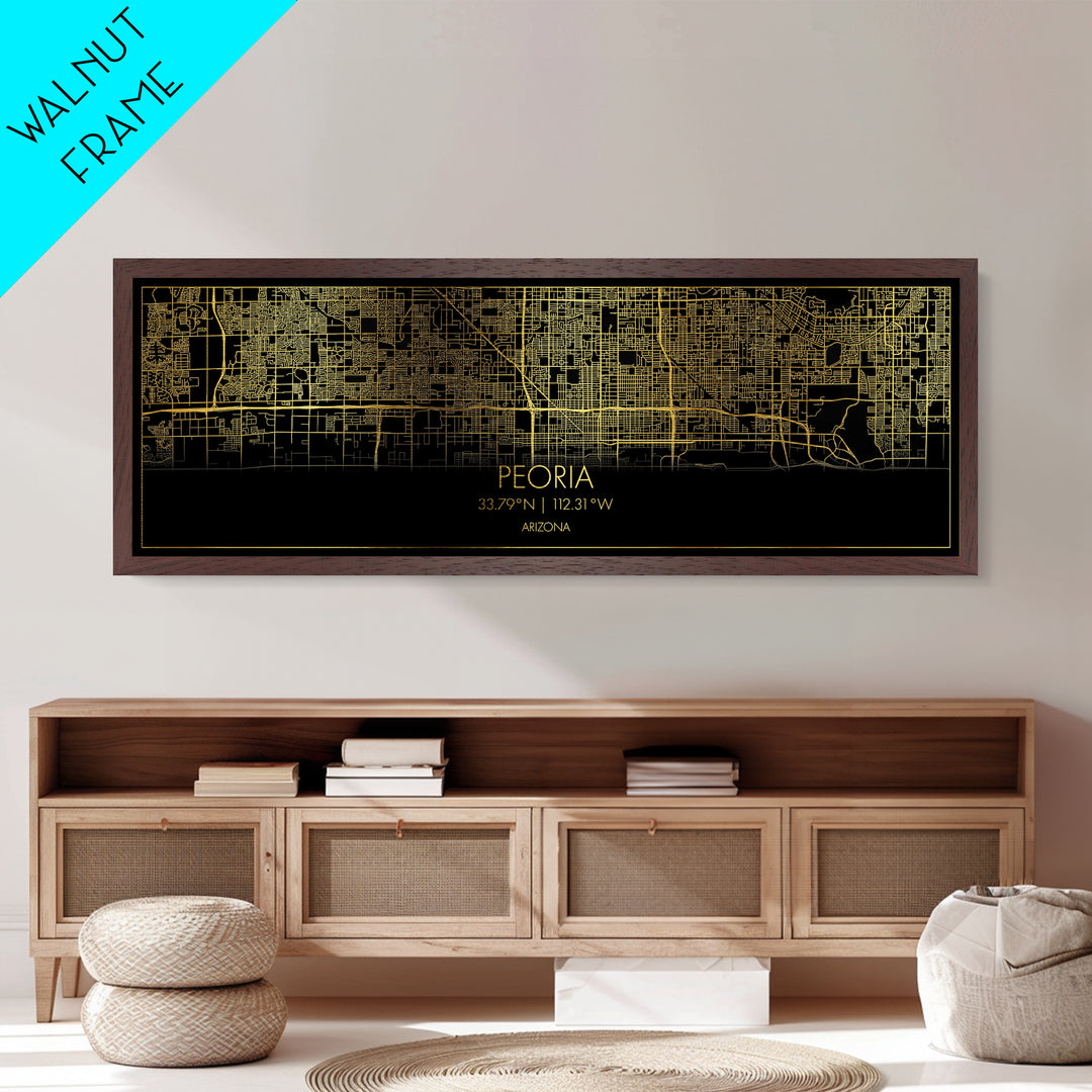 Peoria Arizona City street map, Panoramic art, black and gold, Metallic Gold Print, Metal Art, real wood frames, Minimalist Wall Art, Wall Art