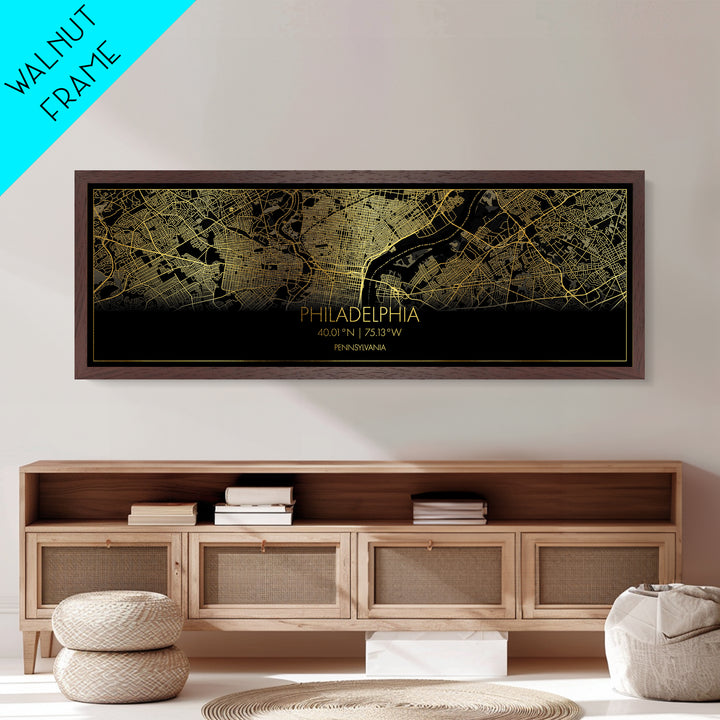 Philadelphia Pennsylvania City Poster, Panoramic street map, black and gold, Metallic Gold Art, Metal Art, wood framed map, Street Map Art