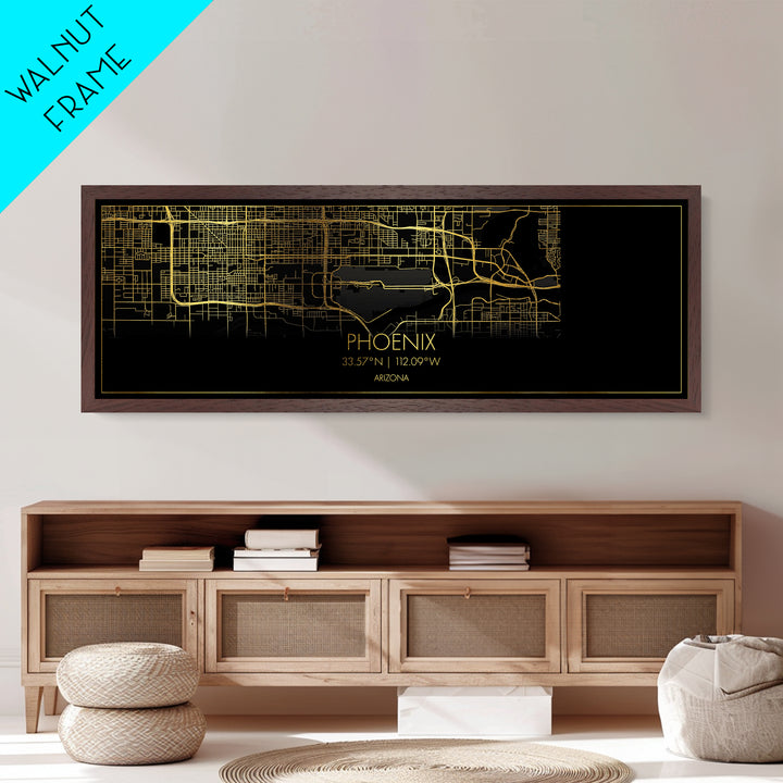 Phoenix Arizona City street map, Panoramic art, black and gold, Metallic Gold Print, Metal Art, real wood frames, Housewarming Gift