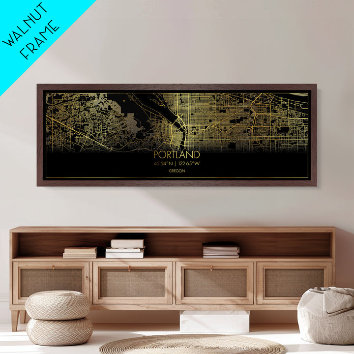 Portland Oregon City Poster, Panoramic street map, black and gold, Metallic Gold Art, Metal Art, wood framed map, Minimalist Wall Art