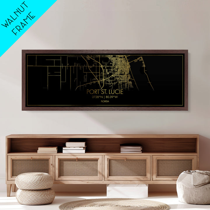 Port St. Lucie Florida City street map, Panoramic art, black and gold, Metallic Gold Print, Metal Art, real wood frames, Best Friend Gifts