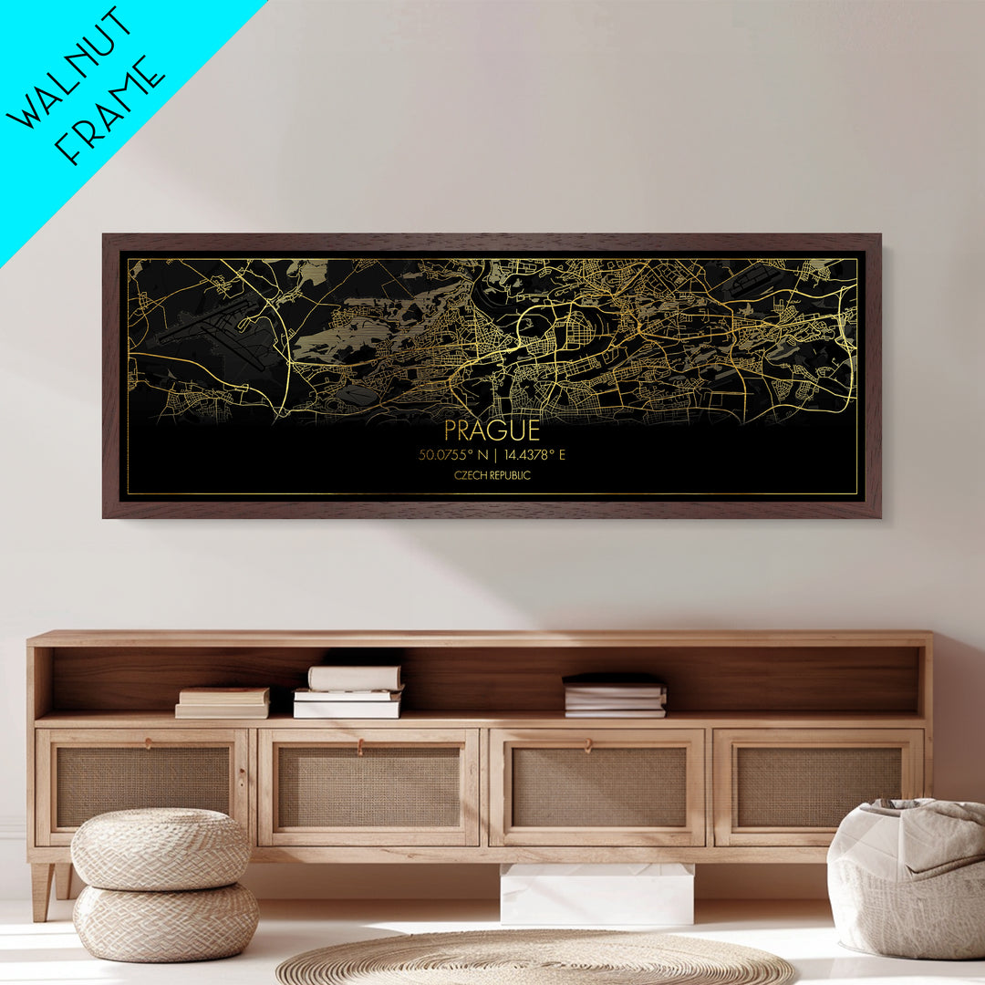 Prague Czech Republic City Poster, Panoramic street map, black and gold, Metallic Gold Art, Metal Art, wood framed map, Street Map Art