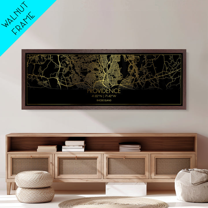 Providence Rhode Island City street map, Panoramic art, black and gold, Metallic Gold Print, Metal Art, real wood frames, College Dorm Décor