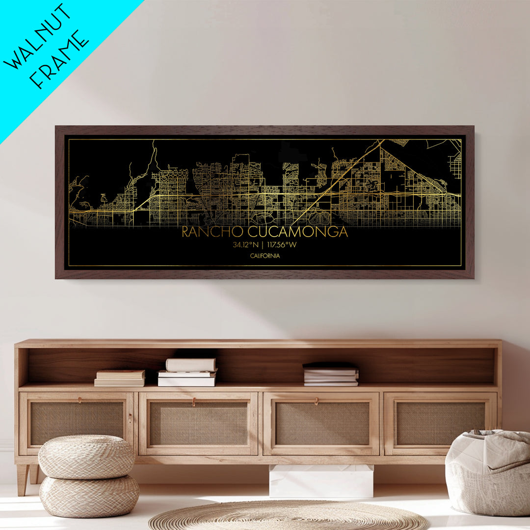 Rancho Cucamonga California street map, Panoramic art, black and gold, Metallic Gold Print, Metal Art, real wood frames, Housewarming Gift