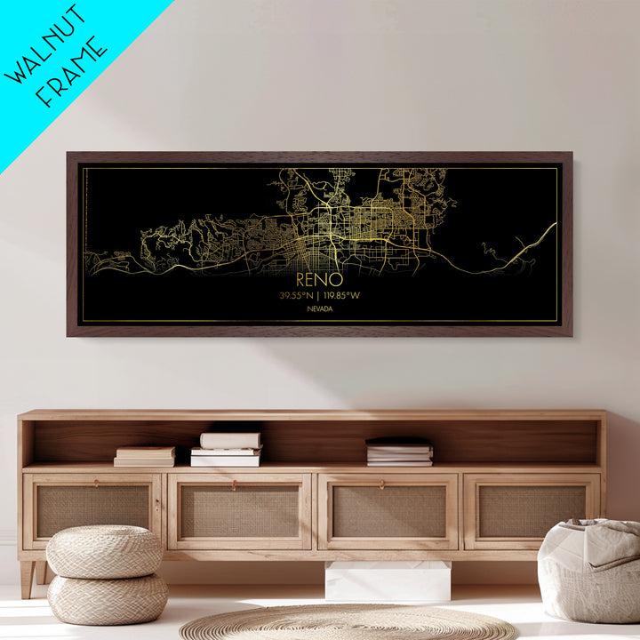 Reno Nevada City Poster, Panoramic street map, black and gold, Metallic Gold Art, Metal Art, wood framed map, Wall Art, Modern House Art