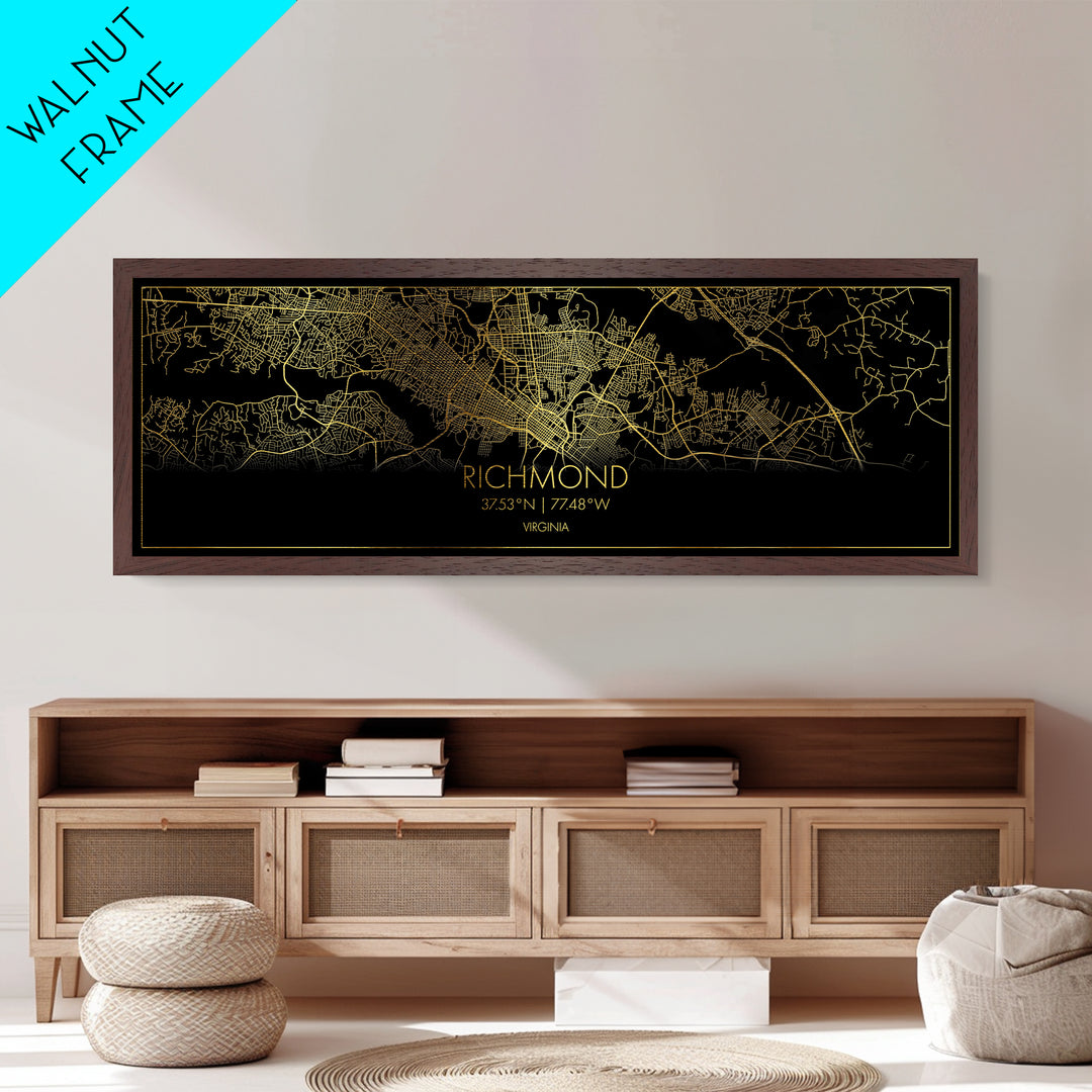 Richmond Virginia City street map, Panoramic art, black and gold, Metallic Gold Print, Metal Art, real wood frames, Street Map Art