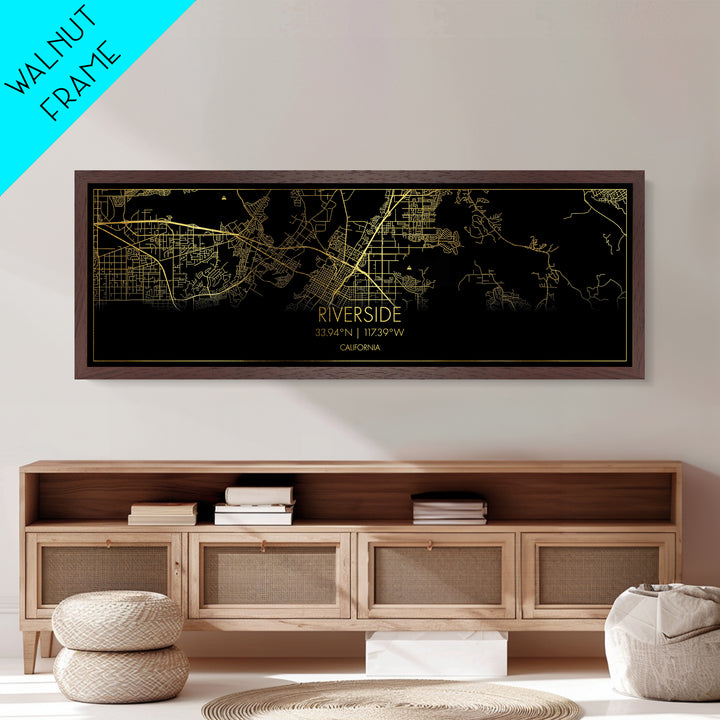 Riverside California City Poster, Panoramic street map, black and gold, Metallic Gold Art, Metal Art, wood framed map, City Map Print Poster