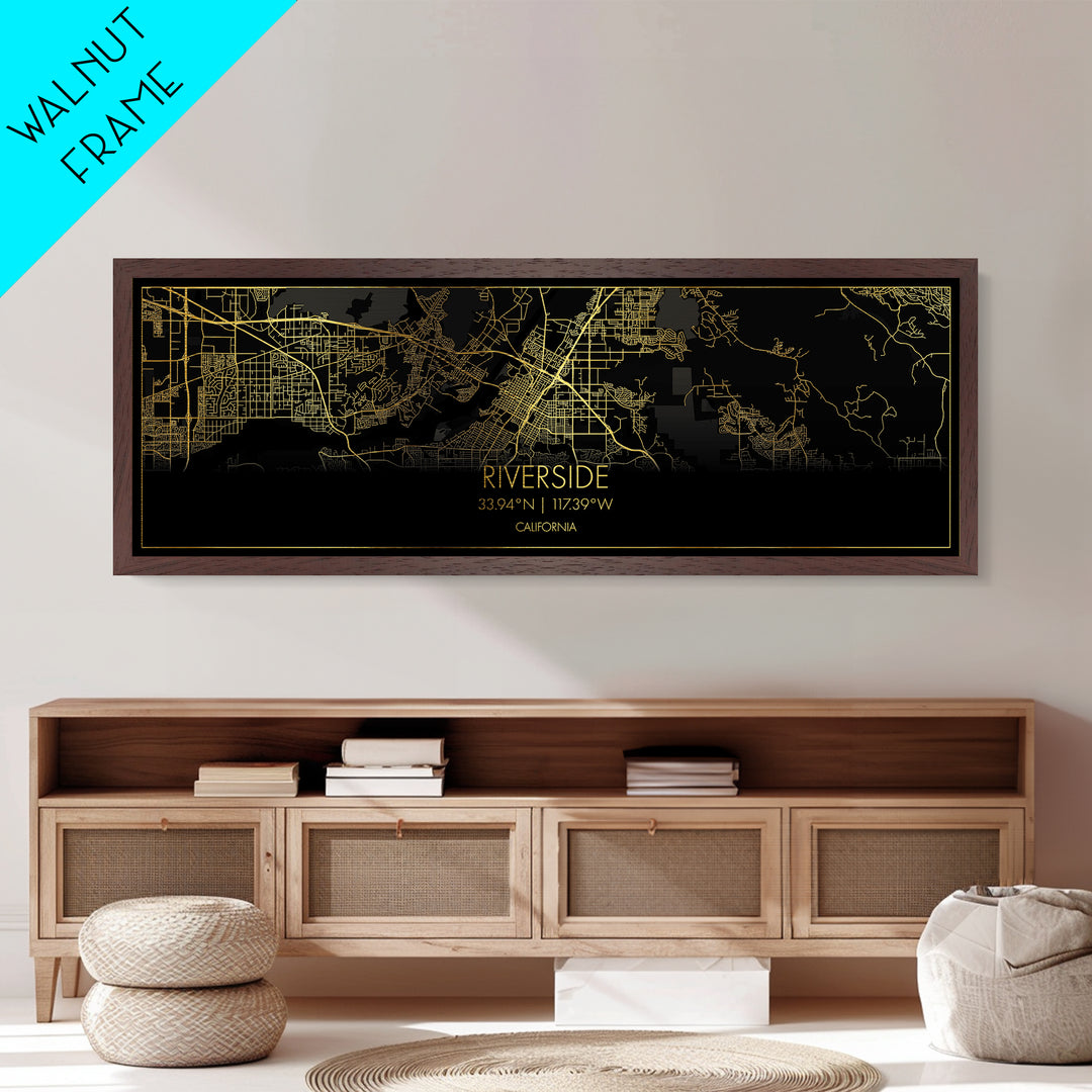 Riverside California City street map, Panoramic art, black and gold, Metallic Gold Print, Metal Art, real wood frames, Housewarming Gift