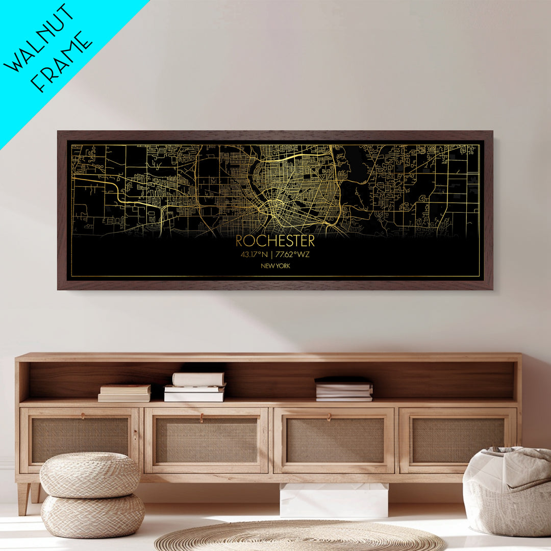 Rochester New York City Poster, Panoramic street map, black and gold, Metallic Gold Art, Metal Art, wood framed map, Modern Wall Art