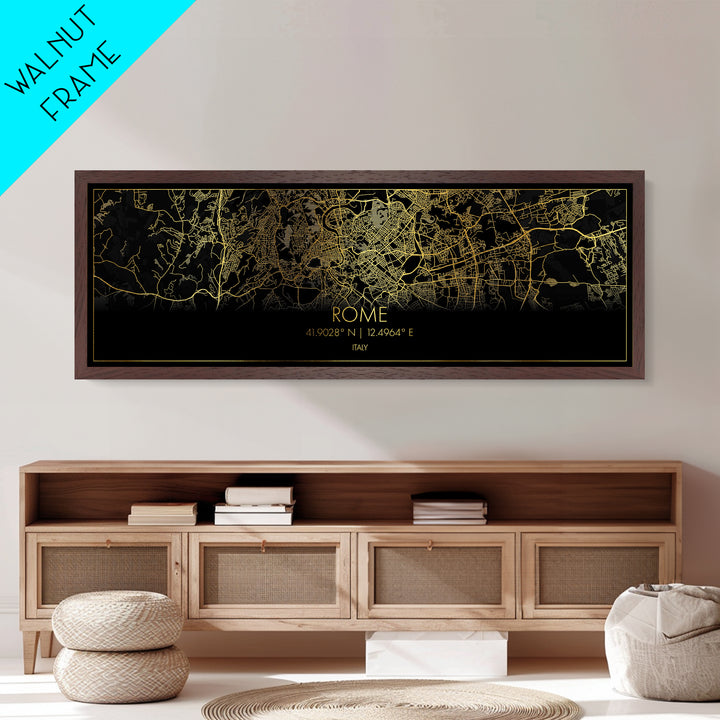 Rome Italy map, Panoramic art, black and gold, Metallic Gold Print, Metal Art, real wood frames, Street Map Art, City Map Print Poster