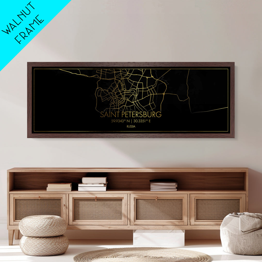 Saint Petersburg Russia City street map, Panoramic art, black and gold, Metallic Gold Print, Metal Art, real wood frames, Housewarming Gift