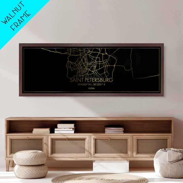 Saint Petersburg Russia City street map, Panoramic art, black and gold, Metallic Gold Print, Metal Art, real wood frames, Housewarming Gift