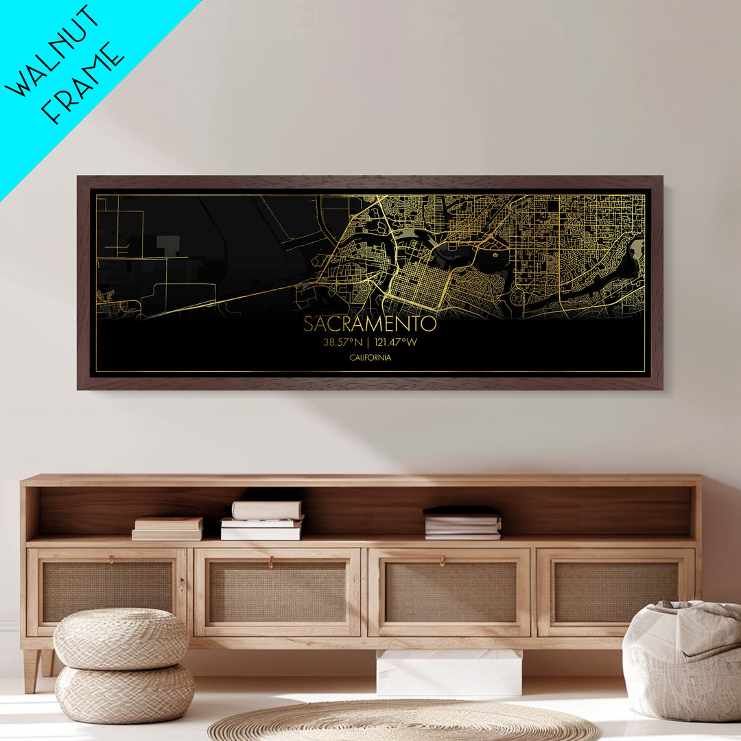 Sacramento California City Poster, Panoramic street map, black and gold, Metallic Gold Art, Metal Art, wood framed map, Minimalist Wall Art