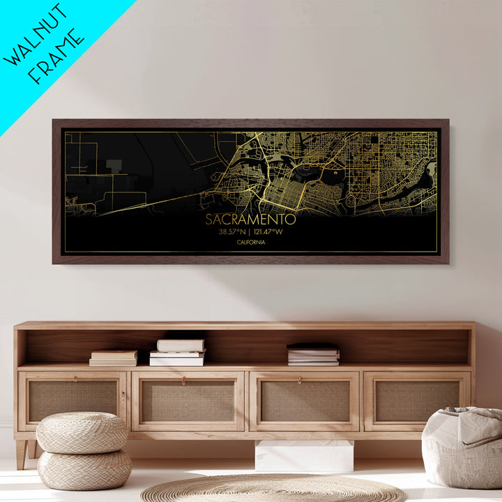 Sacramento California City Poster, Panoramic street map, black and gold, Metallic Gold Art, Metal Art, wood framed map, Minimalist Wall Art