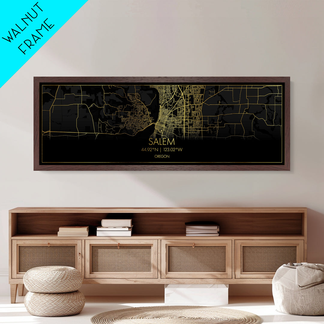 Salem Oregon City Poster, Panoramic street map, black and gold, Metallic Gold Art, Metal Art, wood framed map, City Map Print Poster