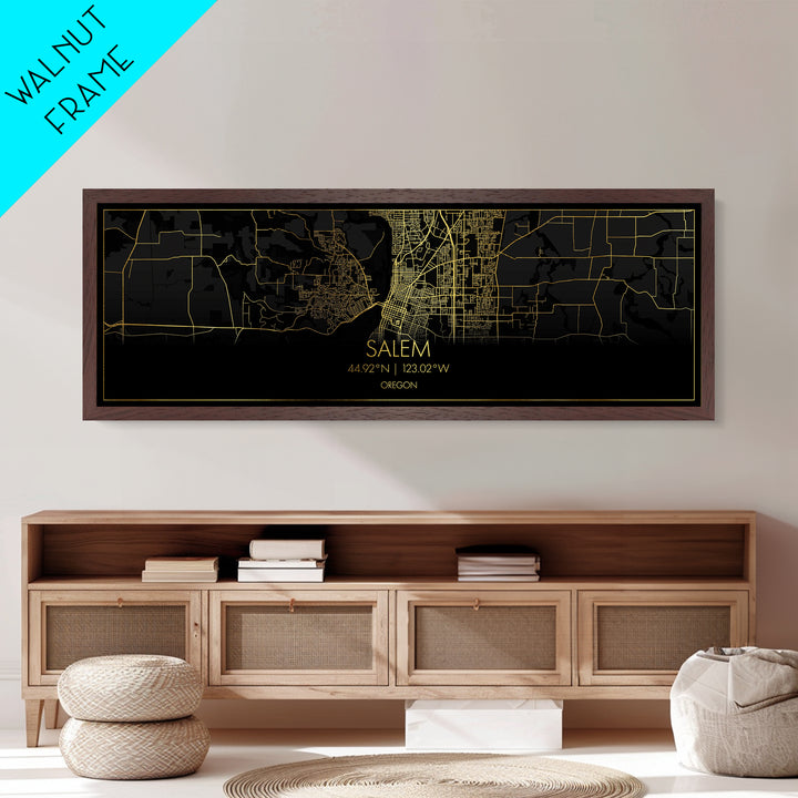 Salem Oregon City Poster, Panoramic street map, black and gold, Metallic Gold Art, Metal Art, wood framed map, City Map Print Poster