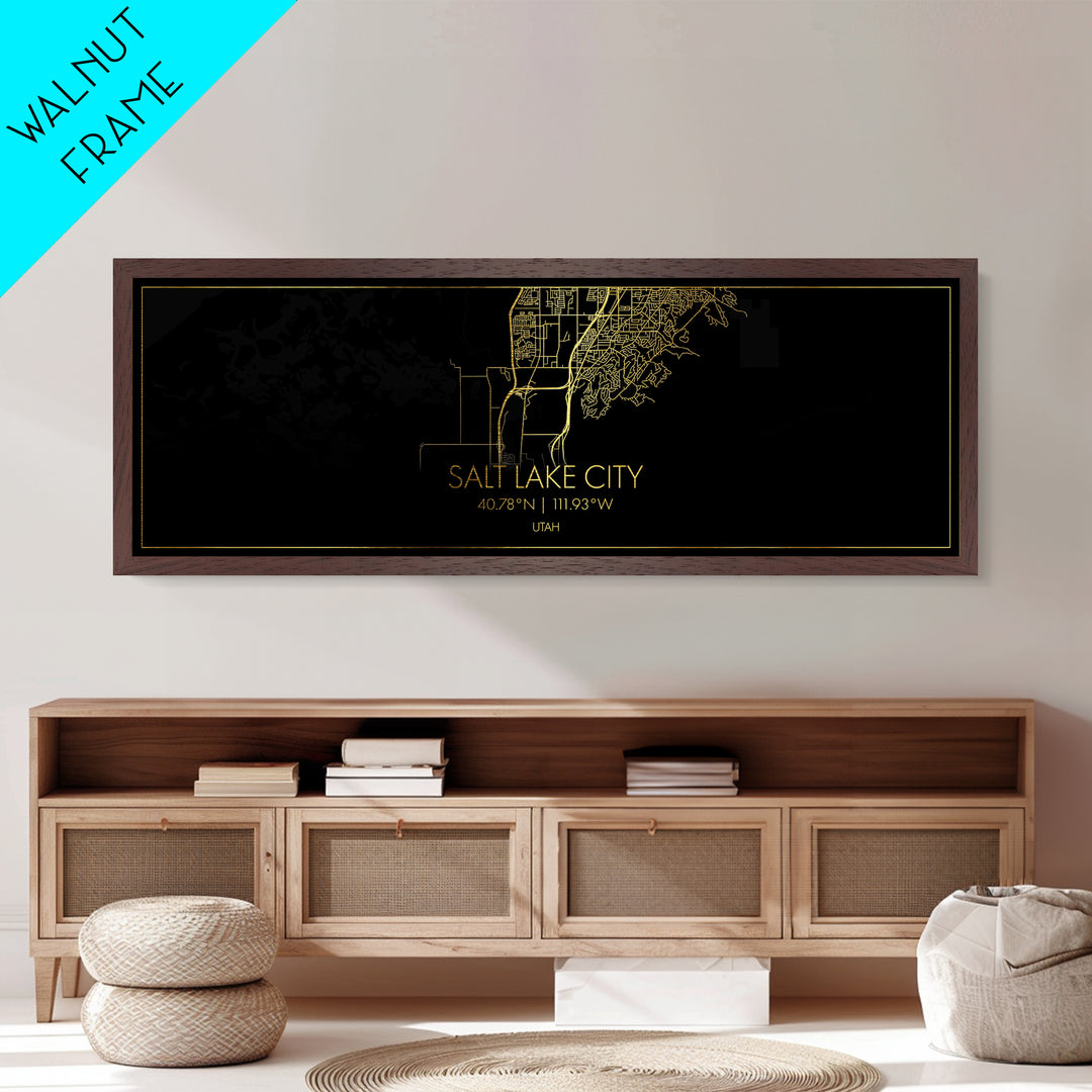 Salt Lake City Utah map, Panoramic art, black and gold, Metallic Gold Print, Metal Art, real wood frames, Modern Wall Art, Map Print Poster