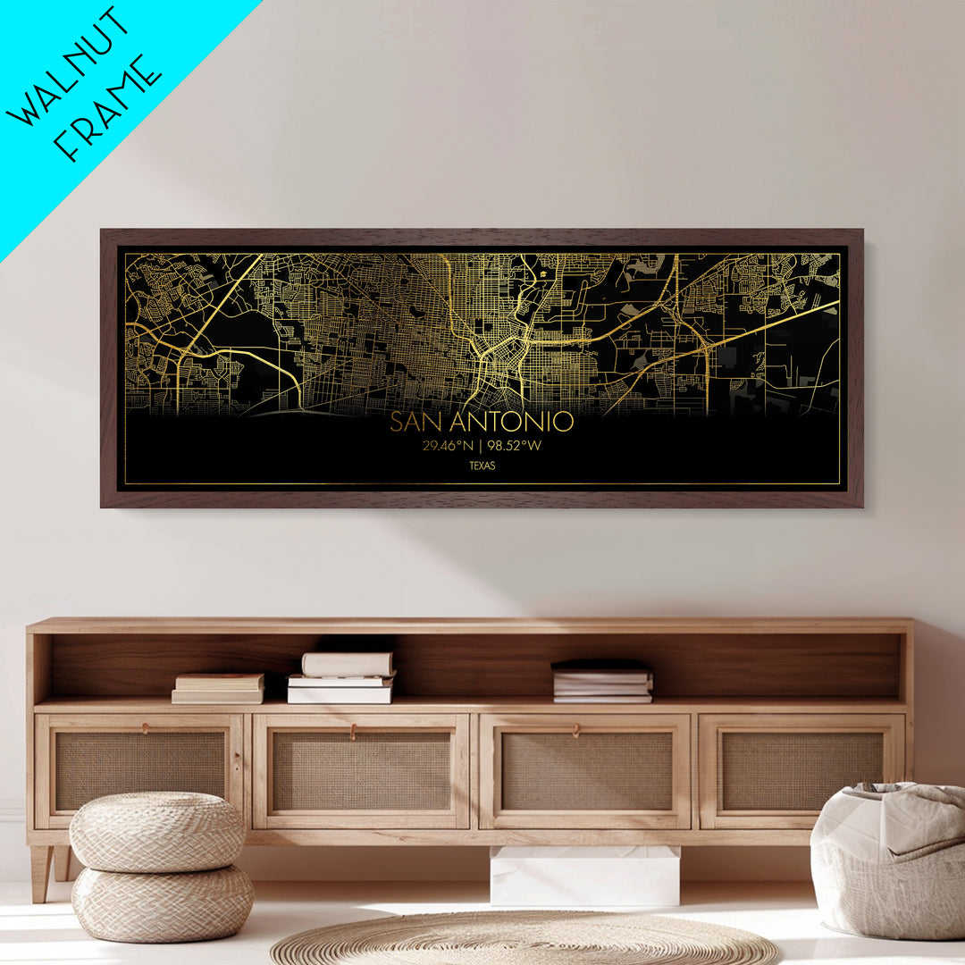 San Antonio Texas Poster, Panoramic street map, black and gold, Metallic Gold Art, Metal Art, wood framed map, Best Friend Gifts