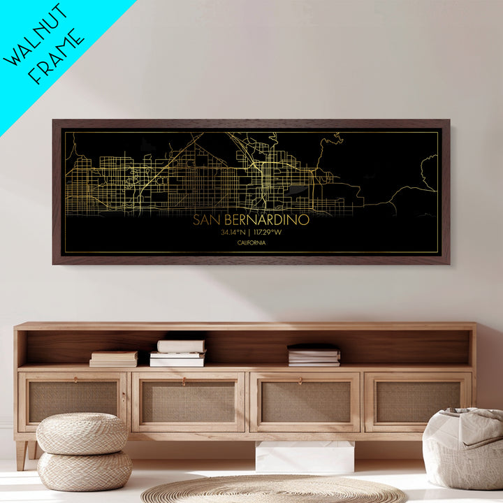 San Bernardino California City street map, Panoramic art, black and gold, Metallic Gold Print, Metal Art, real wood frames, Modern House Art
