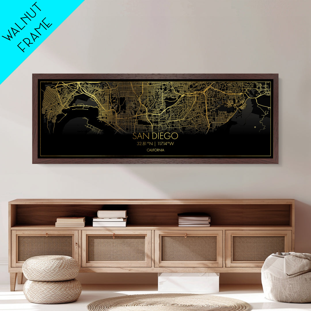 San Diego California City Poster, Panoramic street map, black and gold, Metallic Gold Art, Metal Art, wood framed map, City Map Print Poster