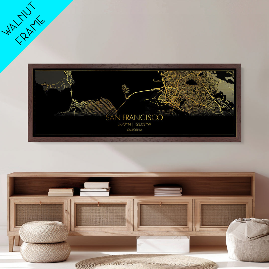 San Francisco California City street map, Panoramic art, black and gold, Metallic Gold Print, Metal Art, real wood frames, Housewarming Gift