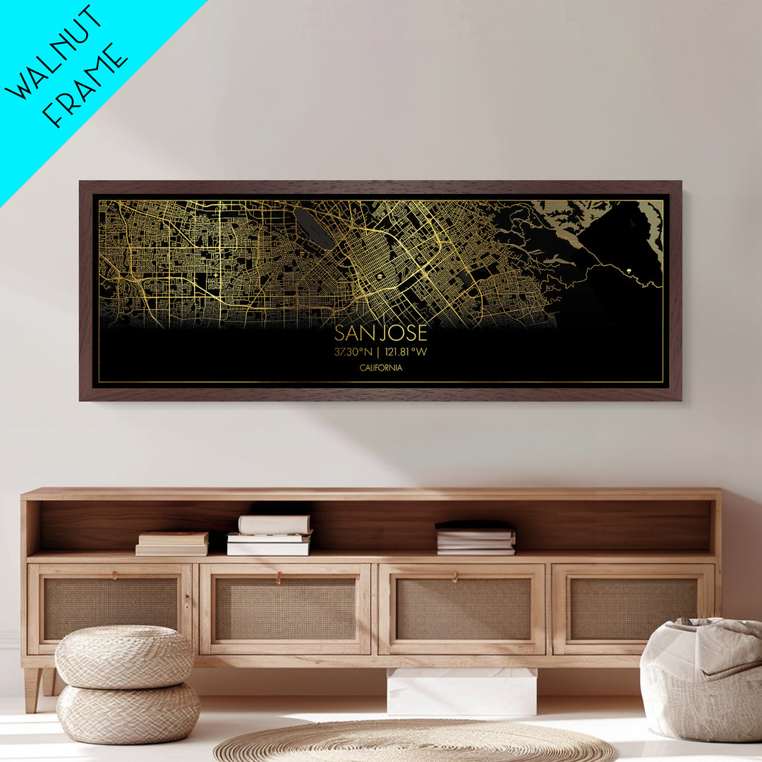 San Jose California City Poster, Panoramic street map, black and gold, Metallic Gold Art, Metal Art, wood framed map, Map Print Poster
