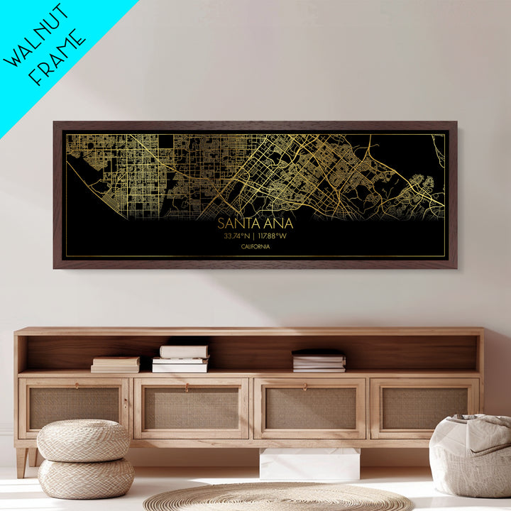 Santa Ana California City street map, Panoramic art, black and gold, Metallic Gold Print, Metal Art, real wood frames, Office Décor