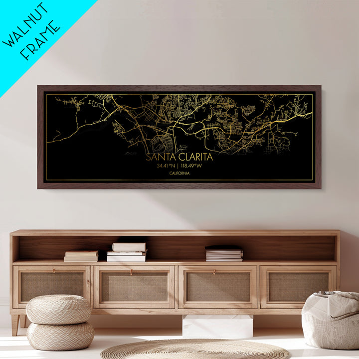 Santa Clarita California City Poster, Panoramic street map, black and gold, Metallic Gold Art, Metal Art, wood framed map, Street Map Art