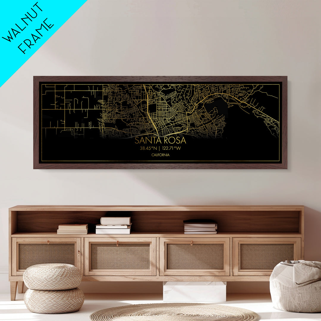 Santa Rosa California City street map, Panoramic art, black and gold, Metallic Gold Print, Metal Art, real wood frames, College Dorm Décor