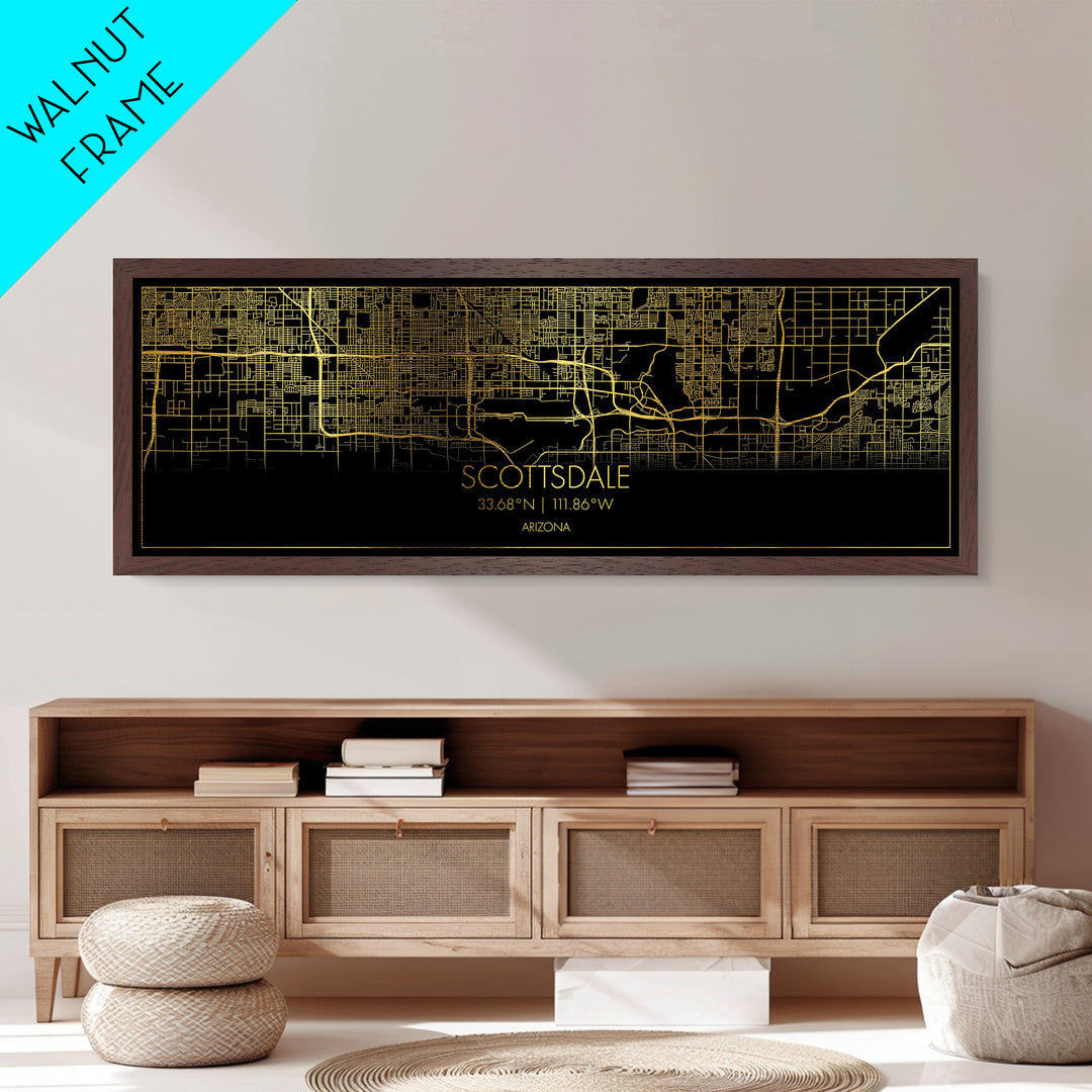 Scottsdale Arizona City Poster, Panoramic street map, black and gold, Metallic Gold Art, Metal Art, wood framed map, Map Print Poster