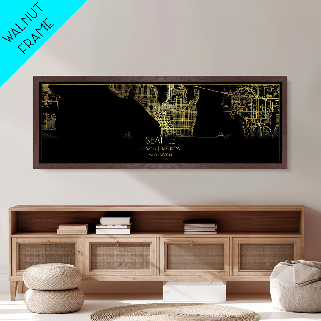 Seattle Washington City street map, Panoramic art, black and gold, Metallic Gold Print, Metal Art, real wood frames, Office Décor
