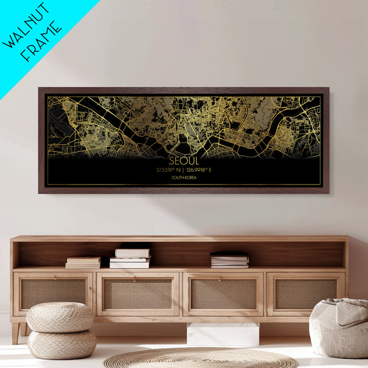 Seoul South Korea City Poster, Panoramic street map, black and gold, Metallic Gold Art, Metal Art, wood framed map, Modern Wall Art